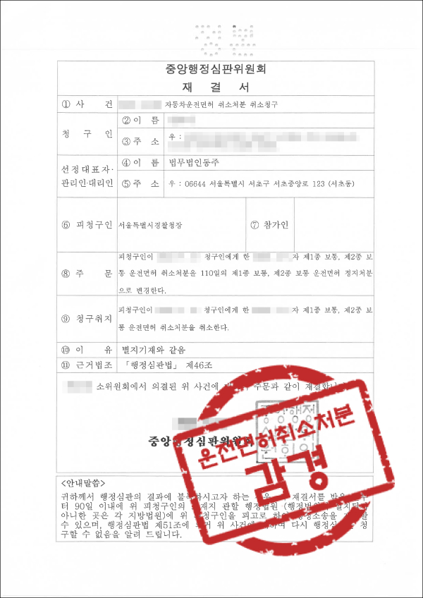 음주면허취소수치 판결문